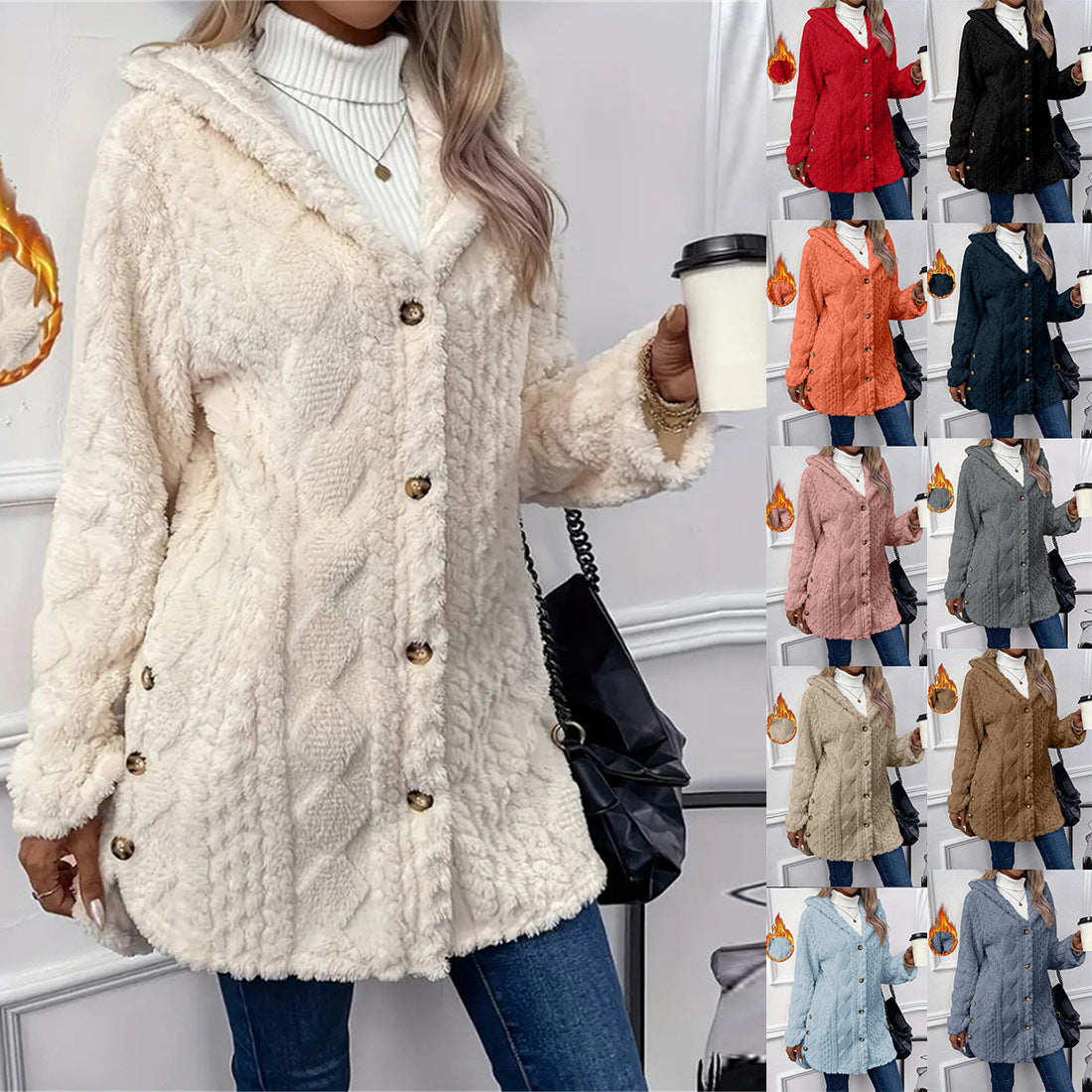 Women's Solid Color Single-breasted Plush Hoodie Fashion Jackets