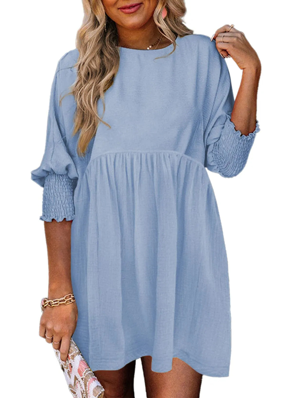 Women's Round Neck Girdle Cuff Pleating Casual Dresses