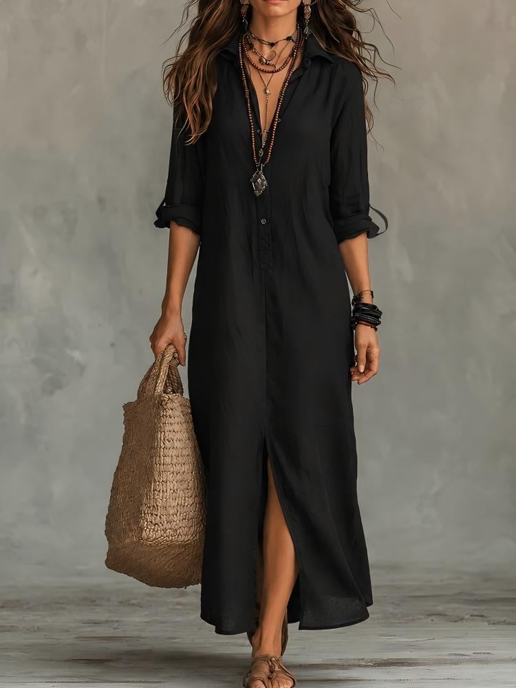 Loose Solid Color Polo Collar Front Rear Dress