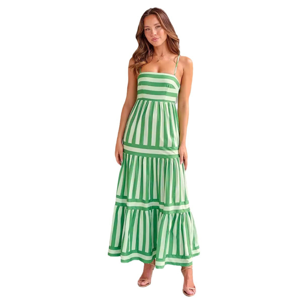 Women's Striped Positioning Printed Sling Backless Pocket Dresses