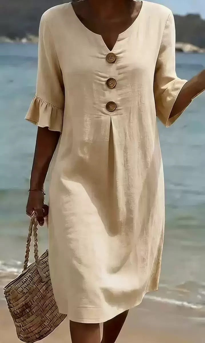 Women's Cotton Linen Large Buttons Ruffle Sleeve Dress