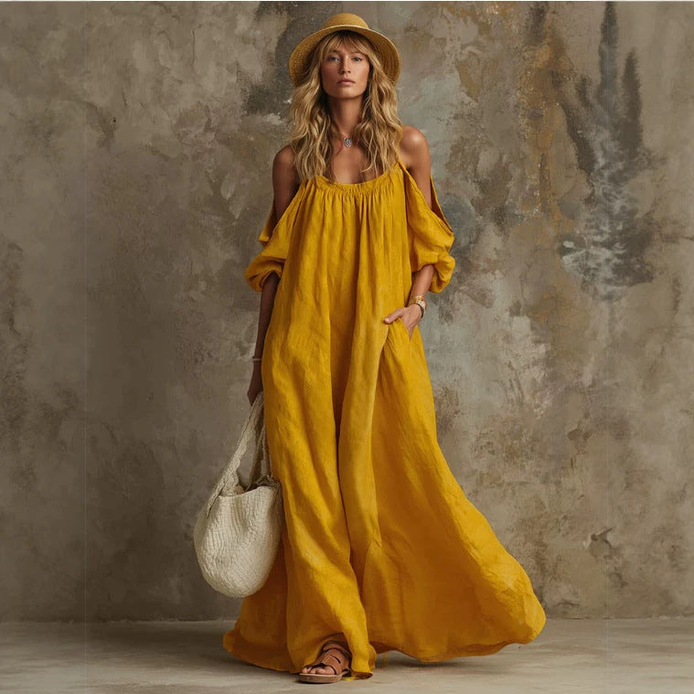 Vacation Style Pocket Strap Cotton Linen Dress
