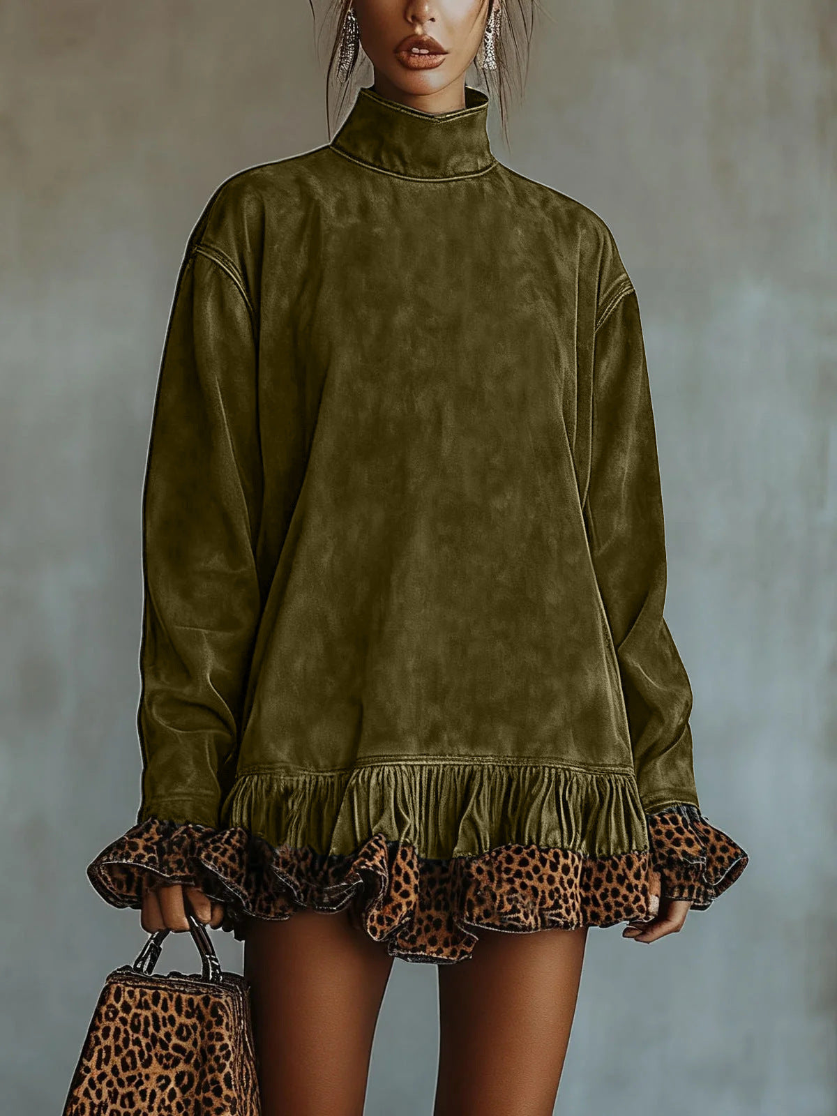 Women's Fashion Casual Turtleneck Long Sleeve Leopard Dress