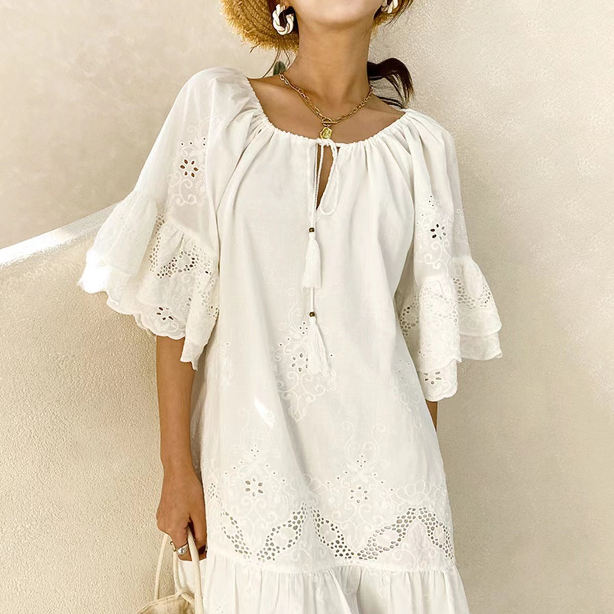 Pure Color Cotton Loose Waist White Lace Skirts