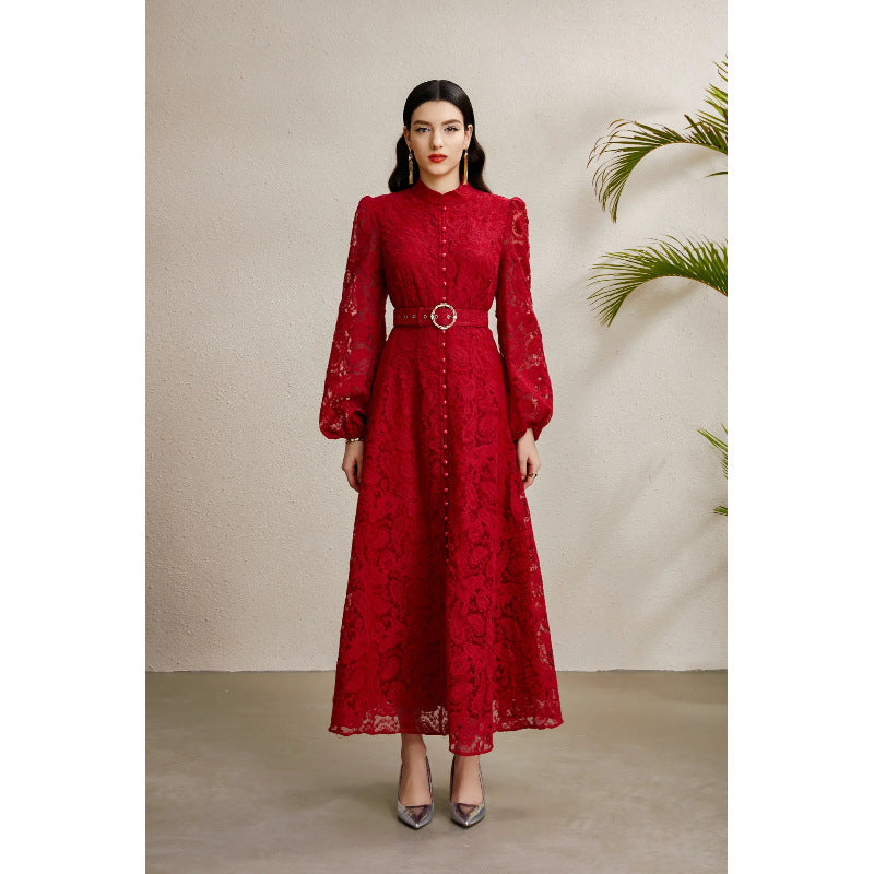 Women's Elegant Dress Autumn French Crocheted Waist Dresses