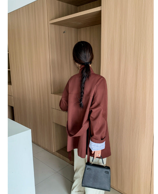 Big Welfare Korean Style Flip Sleeve Mid-length Trench Color Coats