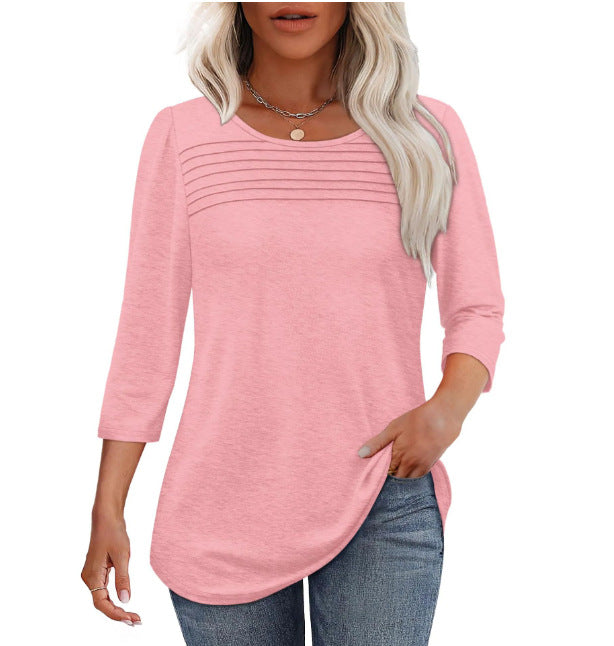 Solid Color Round Neck Long-sleeved Striped Blouses