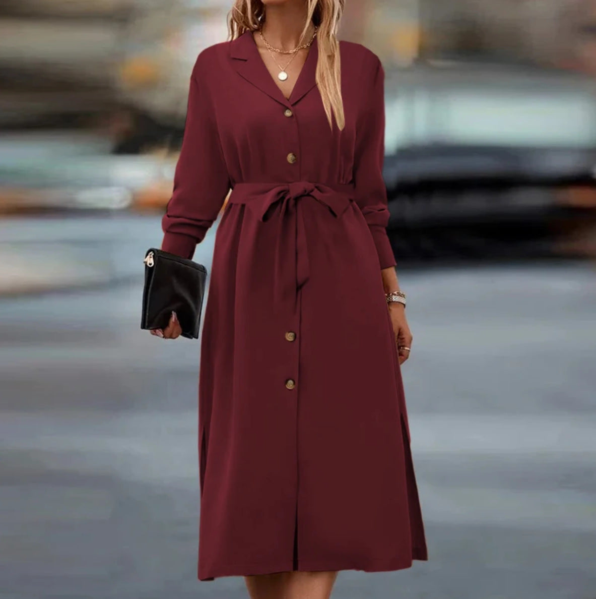 Women's Solid Color Lapel Tied Long Sleeve Dresses