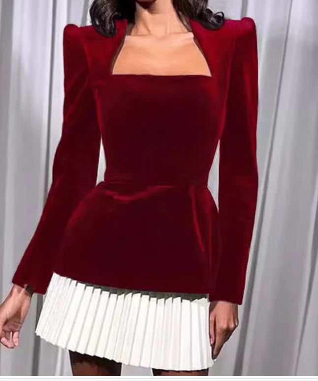 Temperament Square Collar Pleated Veet Dress Dresses