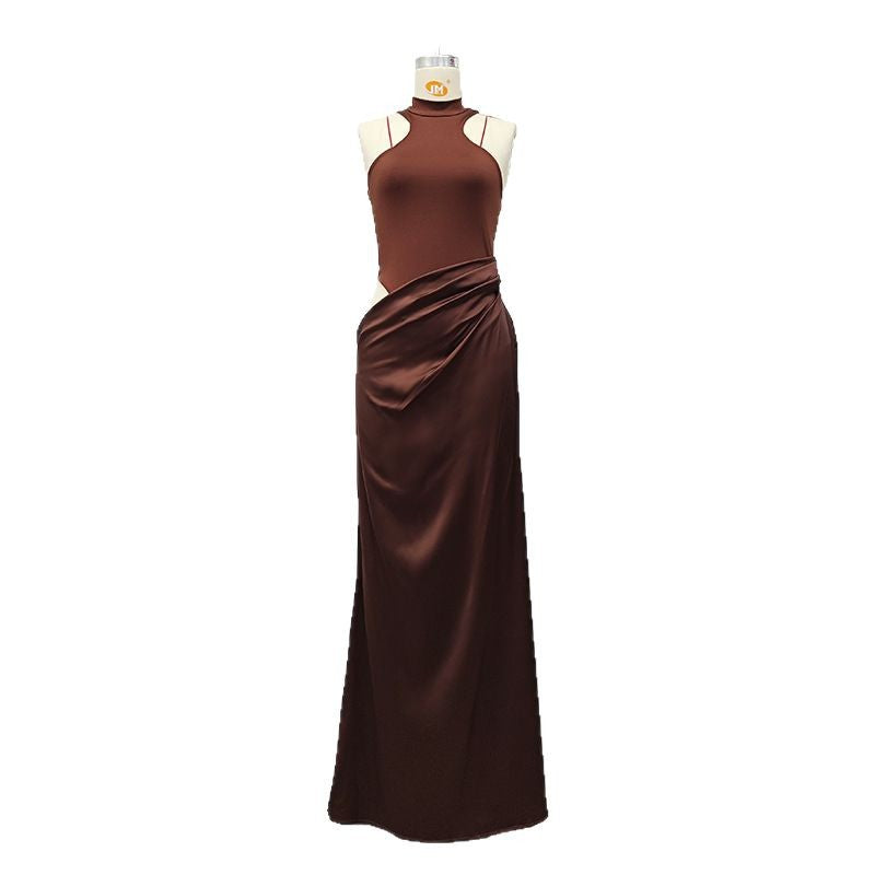 Women's Color High Neck Sexy Sleeveless Hollow Out Stitching Dress