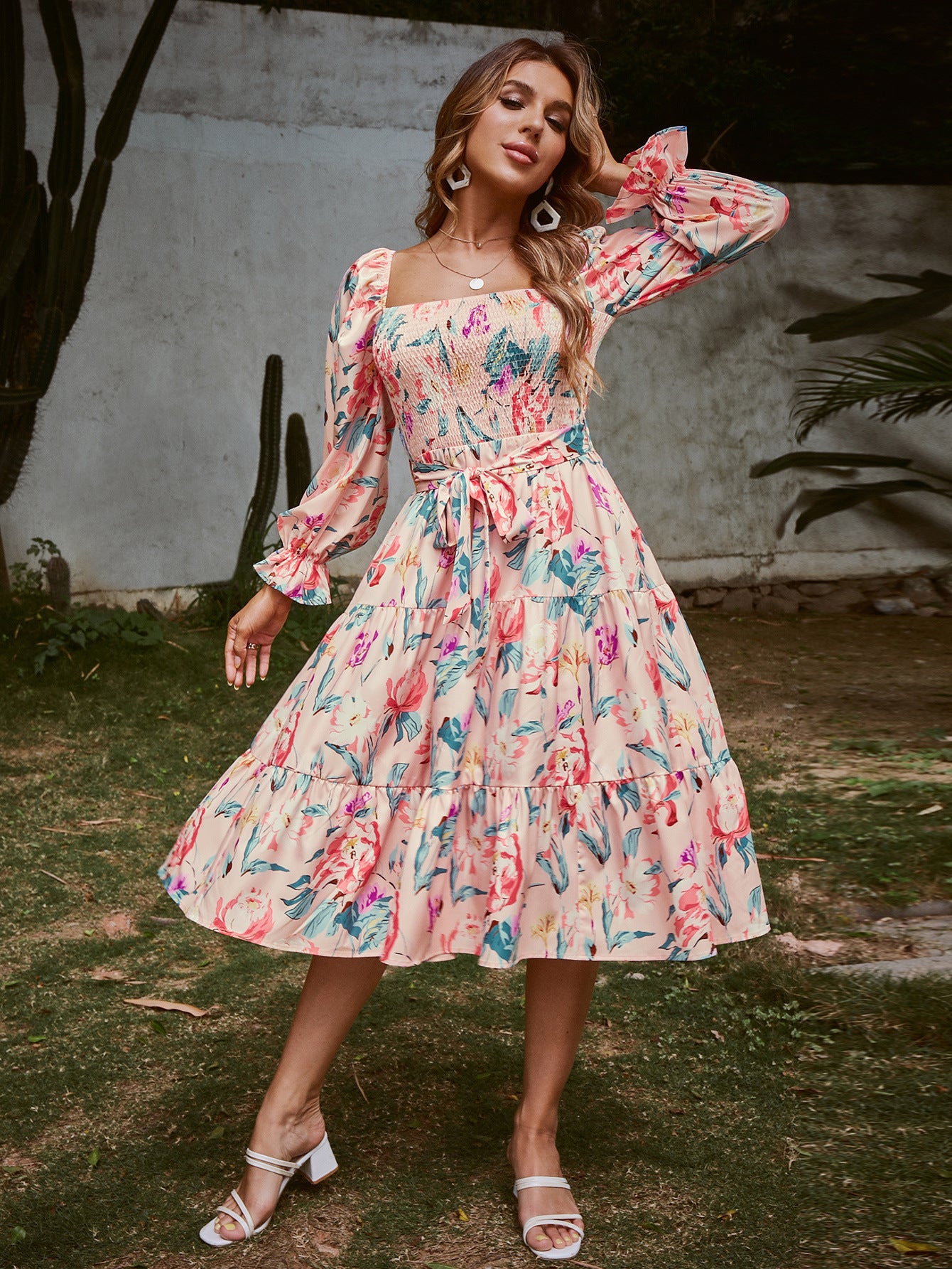 Square Collar Flared Long Sleeve Smocking High Dress