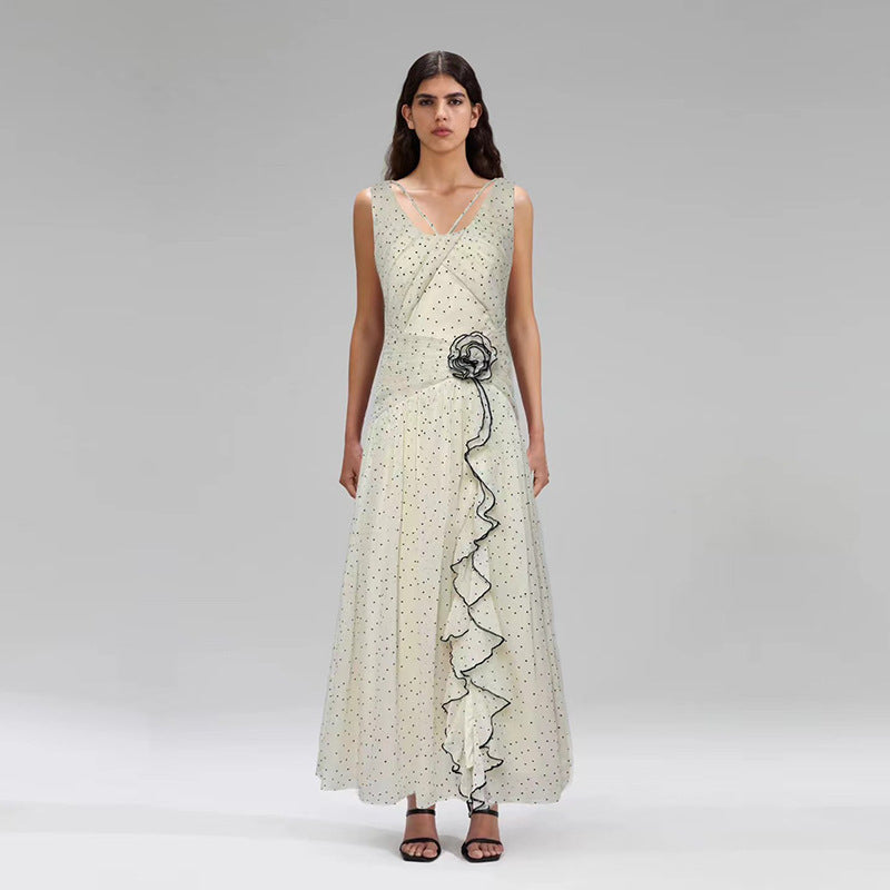 Women's French Retro Milk Apricot Round Neck Sleeveless Dresses