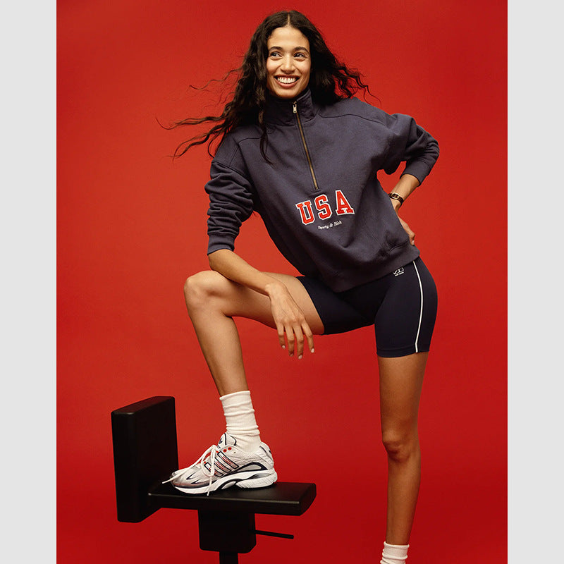 Women's American Niche Letter Printing Zipper Chest Stand Collar Sweaters