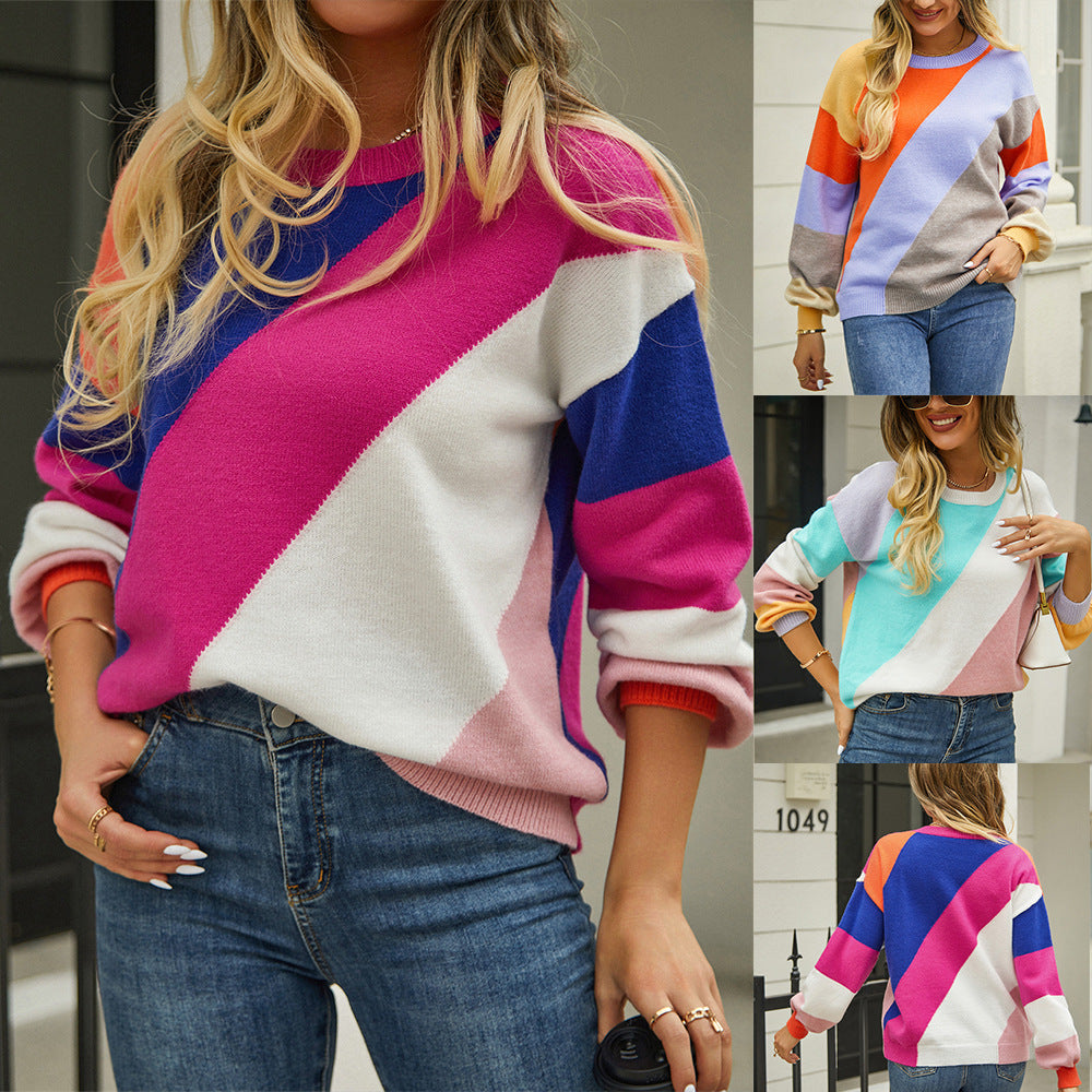 Women's Spring Striped Stitching Fashion Round Neck Sweaters