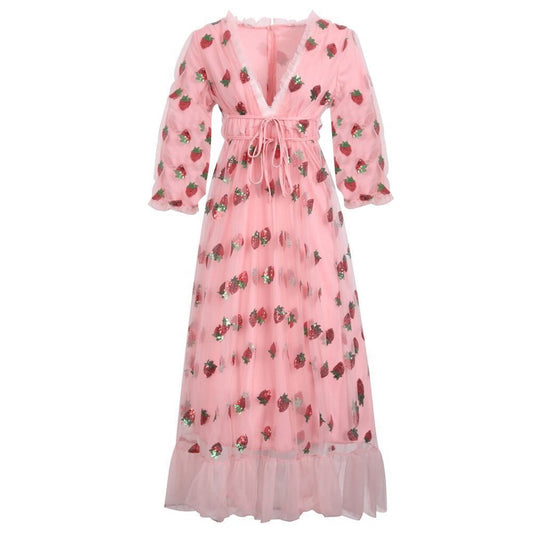 Dress French Strawberry Two-color Sequined Mesh Dresses