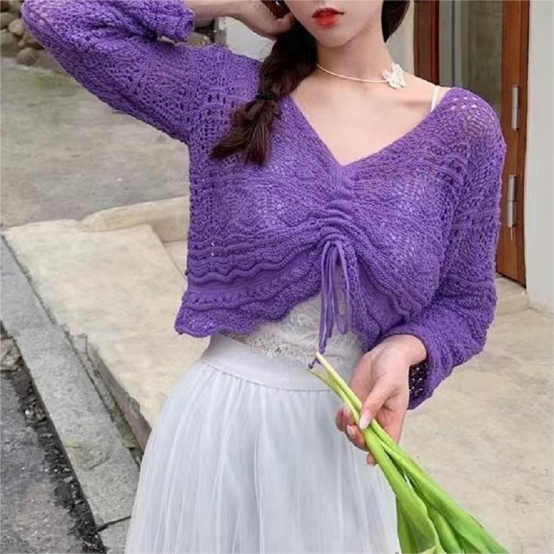 Women's Summer Hollow Korean Drawstring Temperamental Fashion Women's Sweater