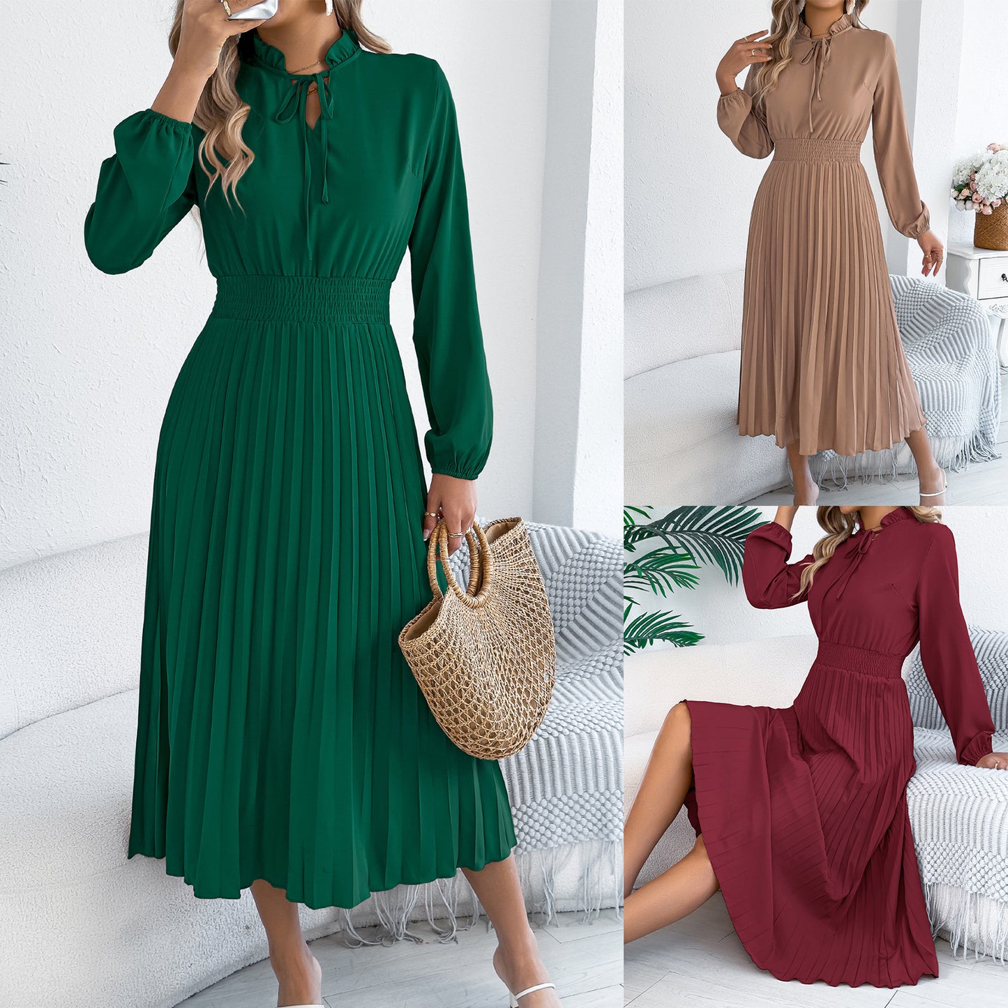 Women's Elegant Lantern Sleeve Long Pleated Clothing