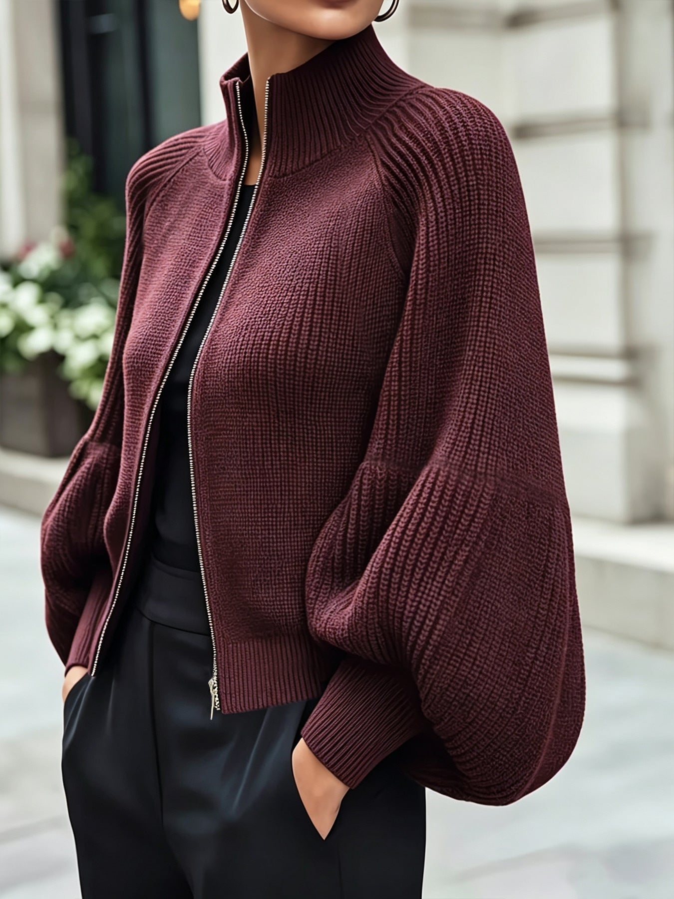 Women's High Stand Collar Zipper Knitted Thick Fluffy Women's Sweater