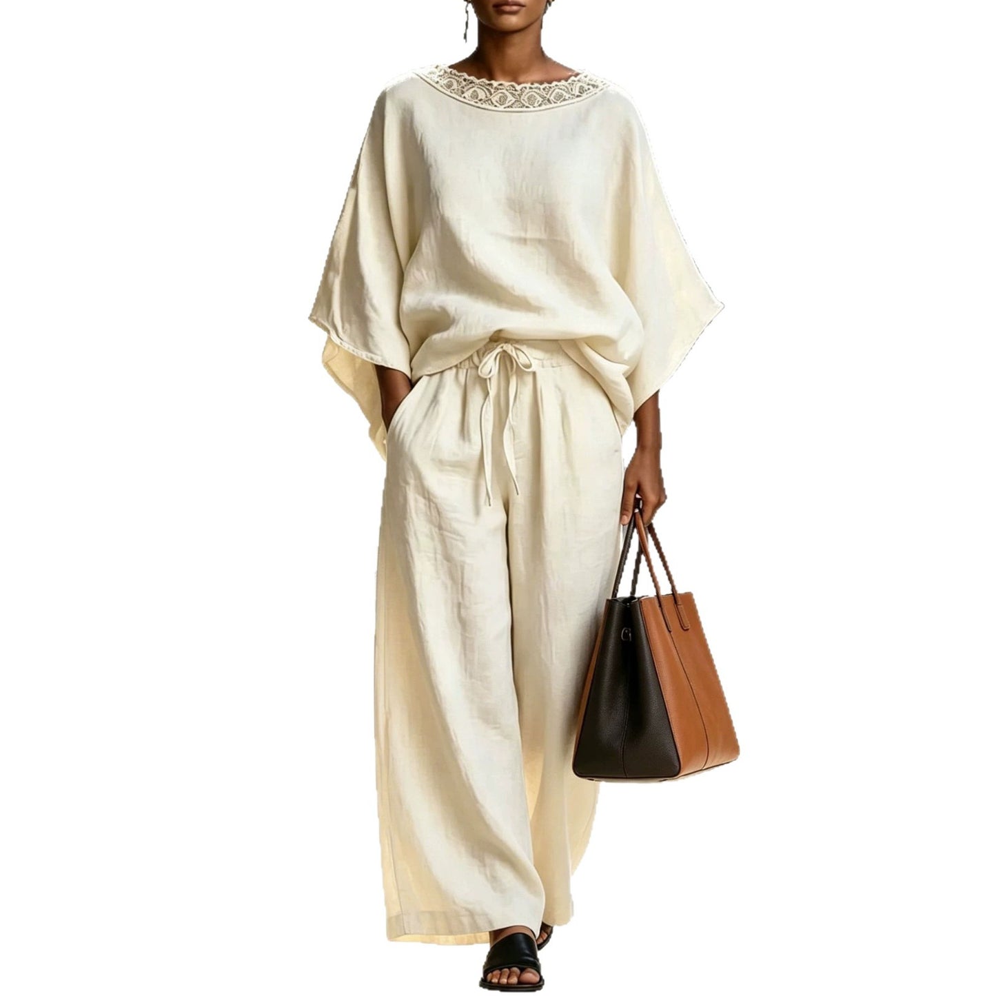 Women's Color Lace Round Neck Loose Sleeves Trousers Shorts