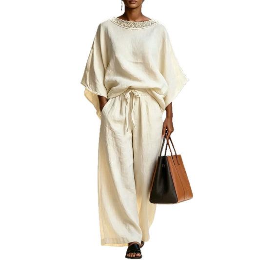 Women's Color Lace Round Neck Loose Sleeves Trousers Shorts