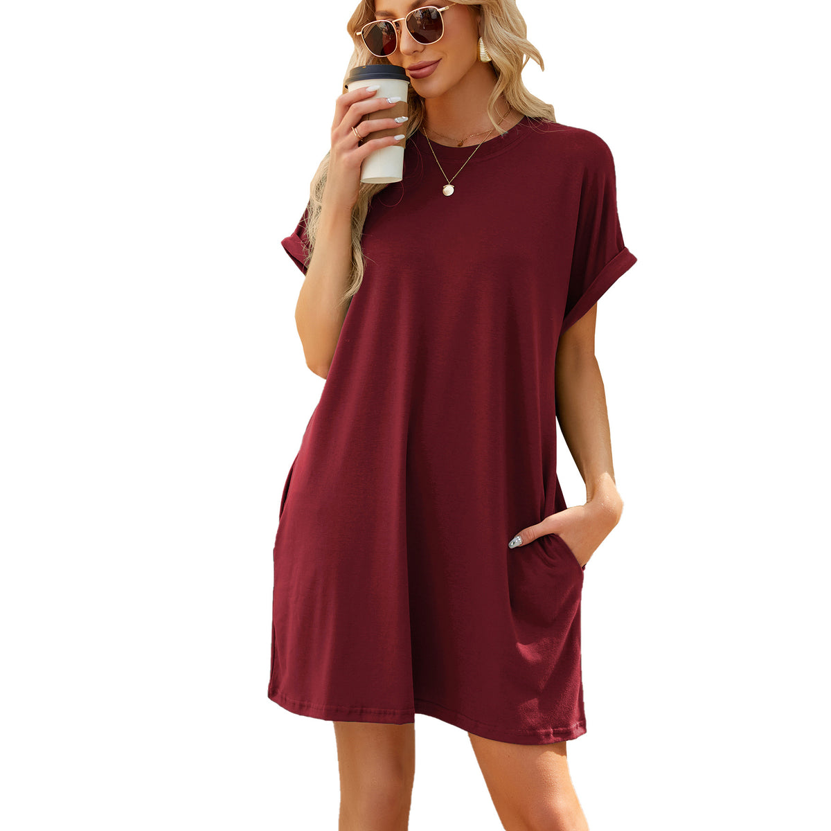 Solid Color Round Neck Pocket Loose Shorts
