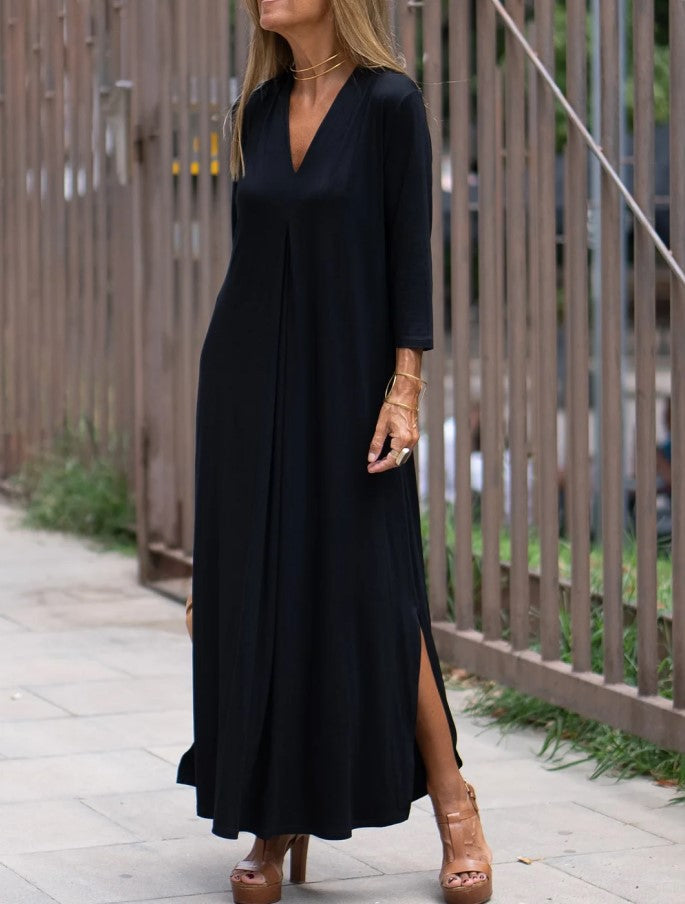 Solid Color Three-quarter Sleeve Knitted Long Dress