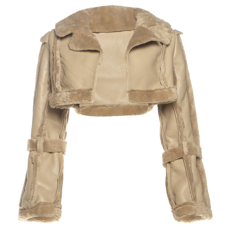 Women's Autumn Fashion Street Leather Stitching Fur Coats