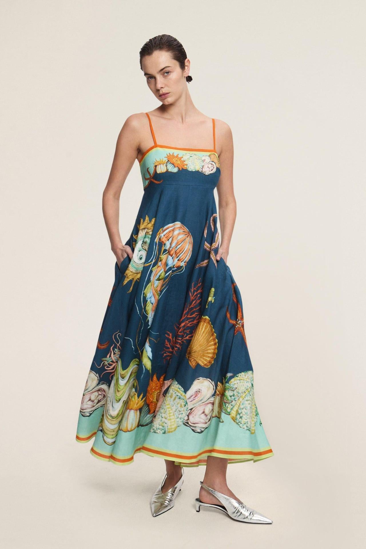 Women's Sexy Strap Iti Linen Printed Large Dress