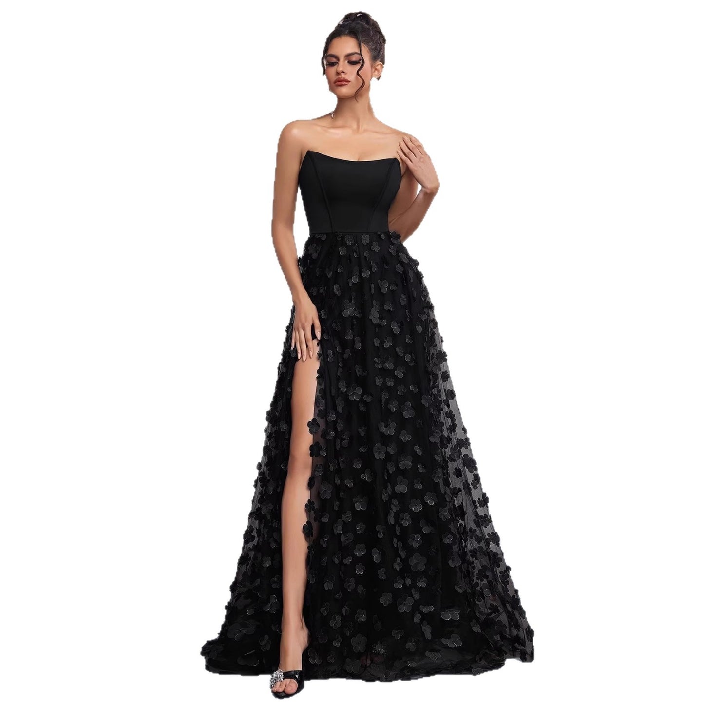 Type Three-dimensional Petals Mesh High Waist Side Slit Dress