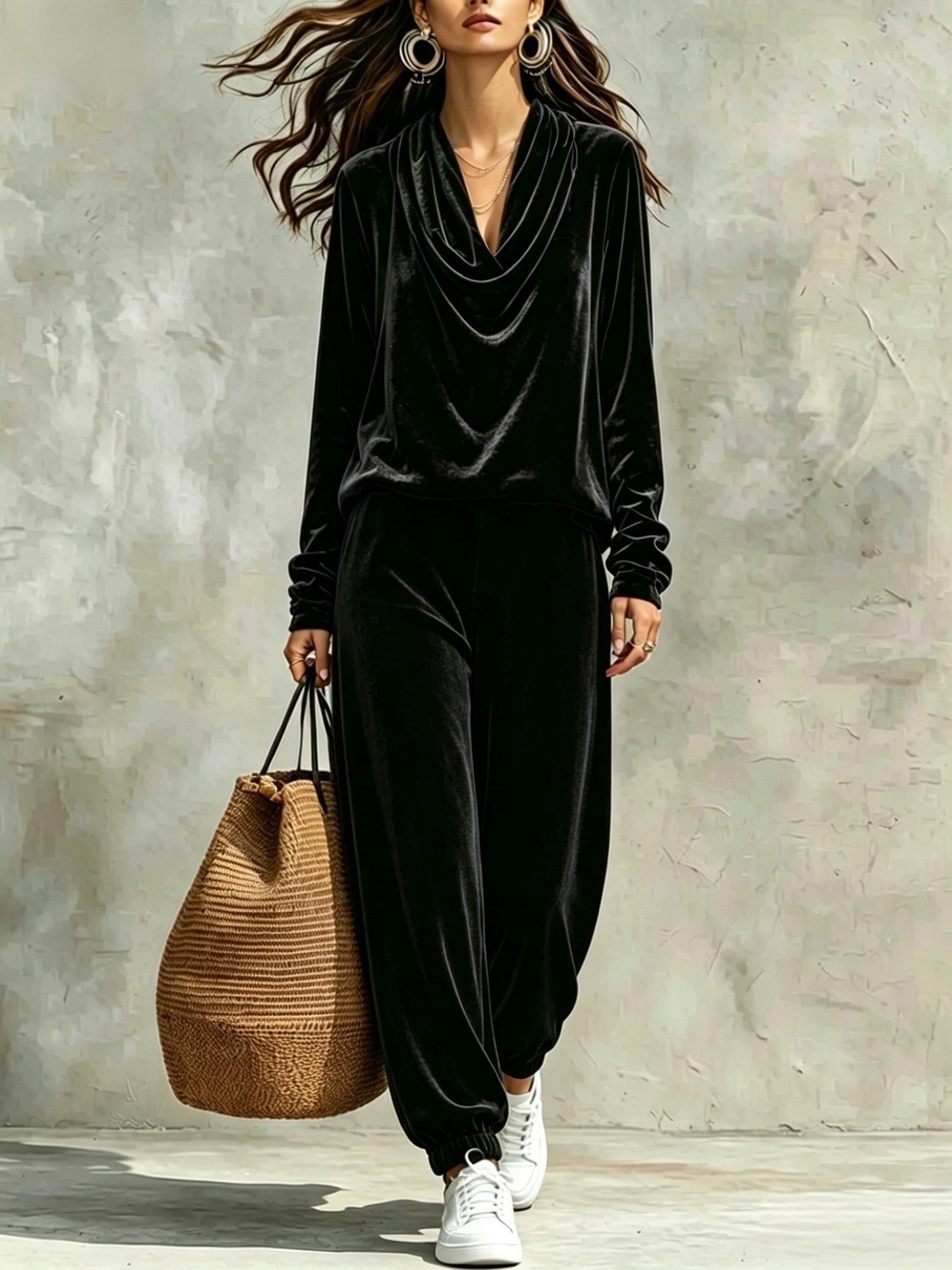 Women's Draped Collar Long Sleeve Ankle Banded Fashion Casual Suit