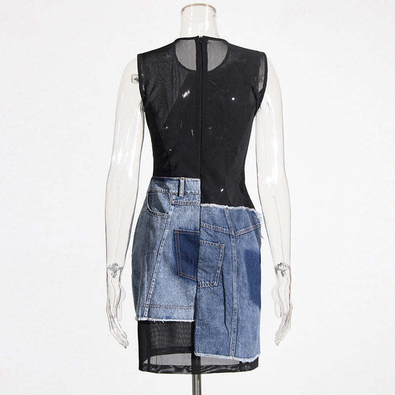 Women's Street Hipster Sleeveless Denim Summer Mesh Stitching Dress