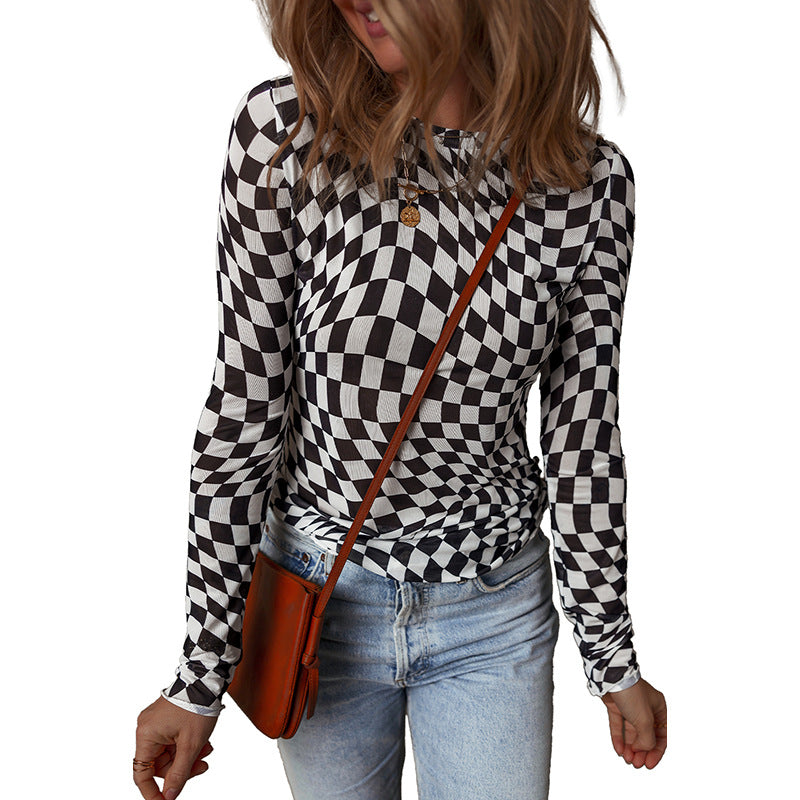Women's Neck Bottoming Shirt Fashion Plaid Printed Blouses