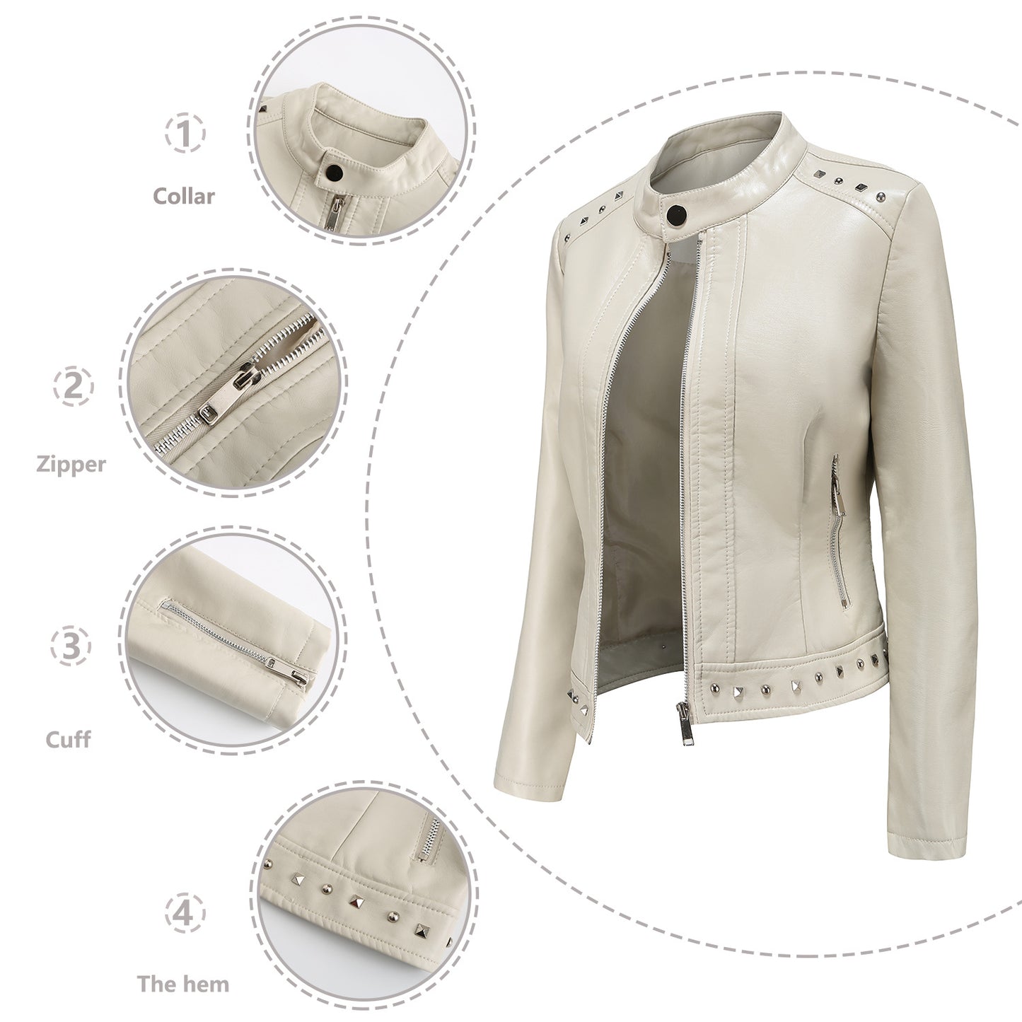 Women's Fashion Leather With Stand Collar Solid Jackets