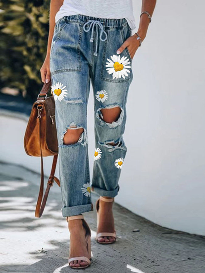 Women's Street Printing Ripped Straight Denim Trousers Jeans