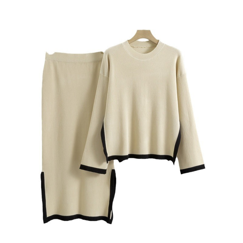 Women's Knitting Contrast Color Round Neck Slit Tops