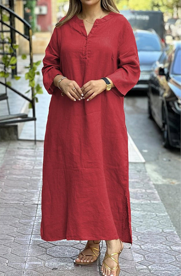 Cotton Linen Solid Color Long Sleeve Dress