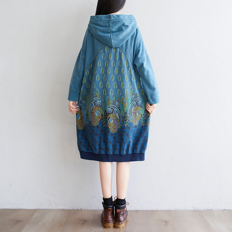 Women's Ethnic Print Hooded Mid-length Dress Lang Sweaters