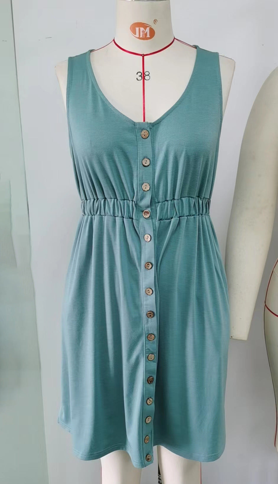 Sleeveless Button Pocket Crew Neck Split Dress
