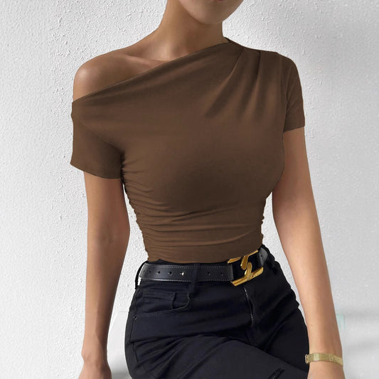 Slim Fit Pleating Irregular Sleeve T-shirt Tops