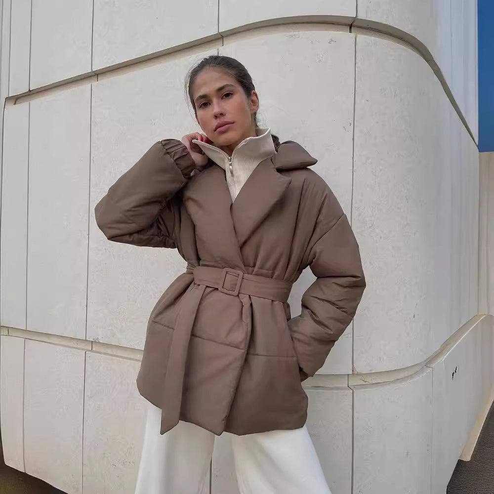 Women's Winter Padded Lapel Cinched Slimming Pure Coats