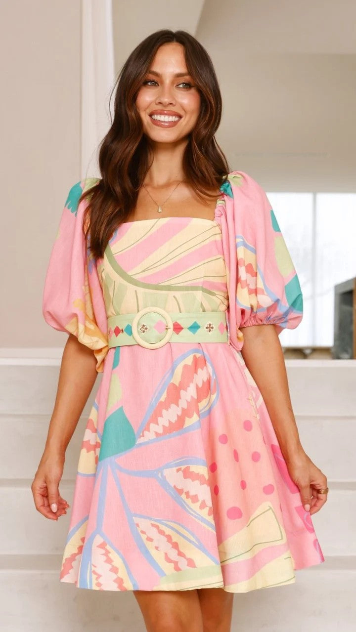 Fashion Puff Sleeve Linen Belt Waist Dress