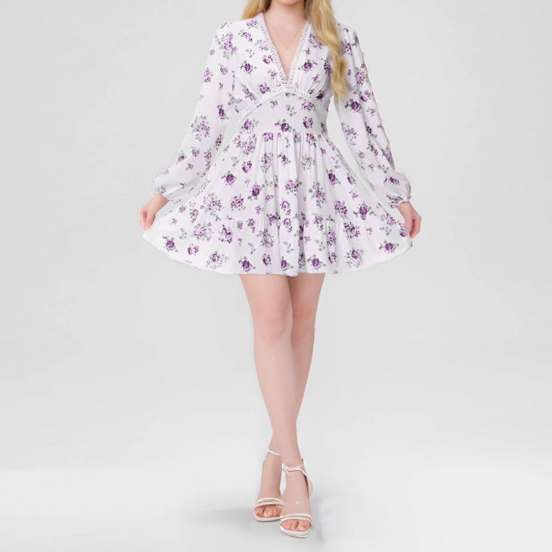 Women's Spring Sweet Printed Lace Long Sleeve Dresses