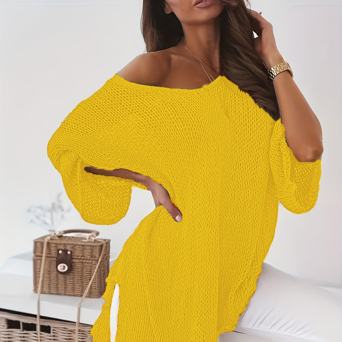 Women's Large Clothes Sexy Loose Pullover Mid-length Sweater
