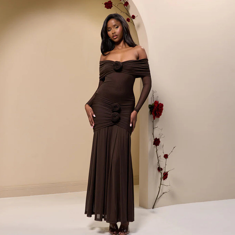 Women's Autumn Fashion Flower Decoration Sexy Pleated Dress