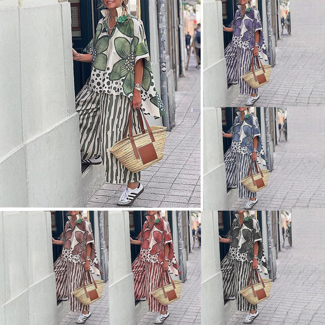 Women's Summer Lapel Loose Flower Print Set Fashion Casual Suit