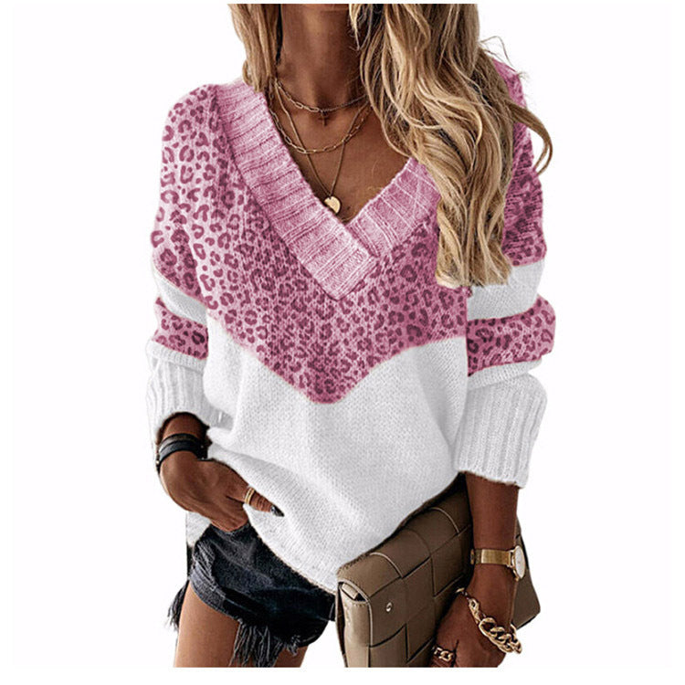 Collar Pullover Color Matching Striped Leopard Tops