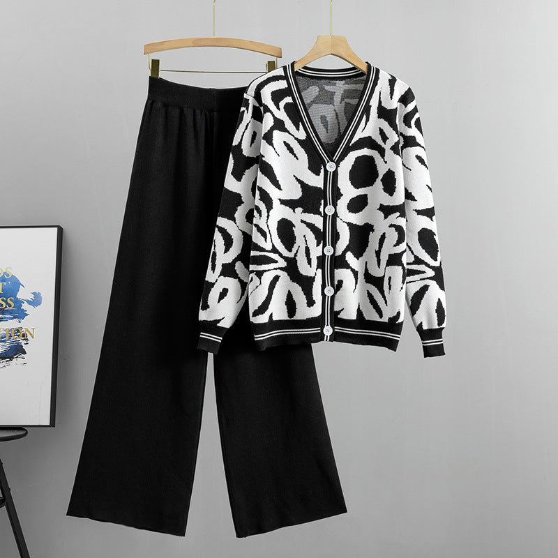 Women's Leopard Knitted Loose Wide Leg For Fashion Casual Suit