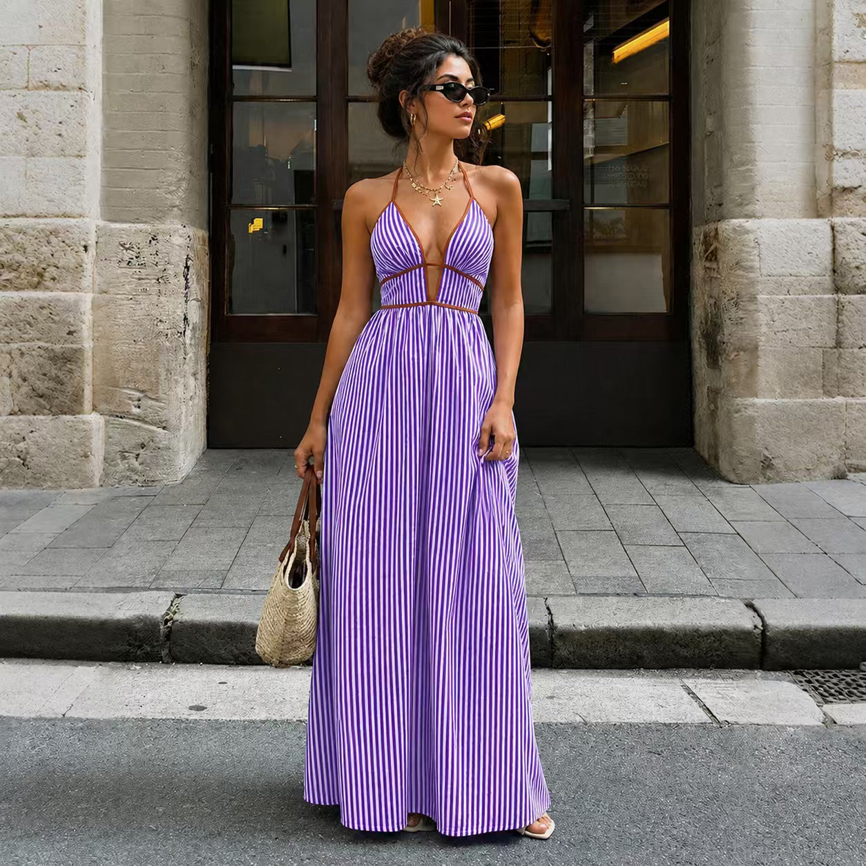 Summer Deep Striped Holiday Backless Sleeveless Dress
