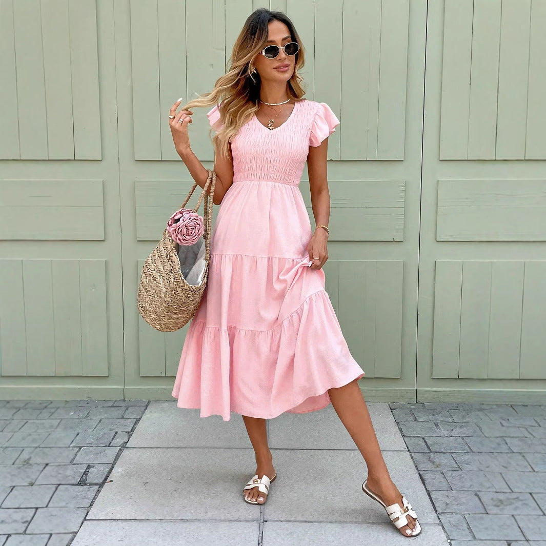 Women's Engagement Chest Gathered Ruffled Sleeves Layered Hem Pink Skirts