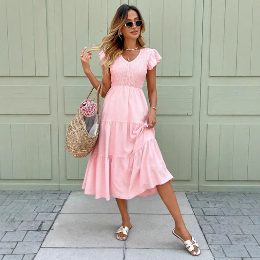 Women's Engagement Chest Gathered Ruffled Sleeves Layered Hem Pink Skirts